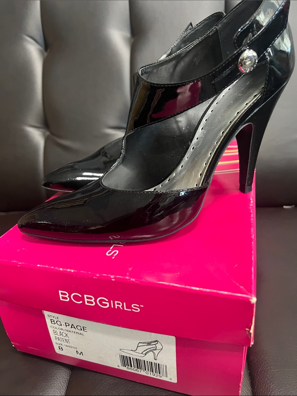 BCBGirls Black Patent Pointed-Toe Cross Strap Heels